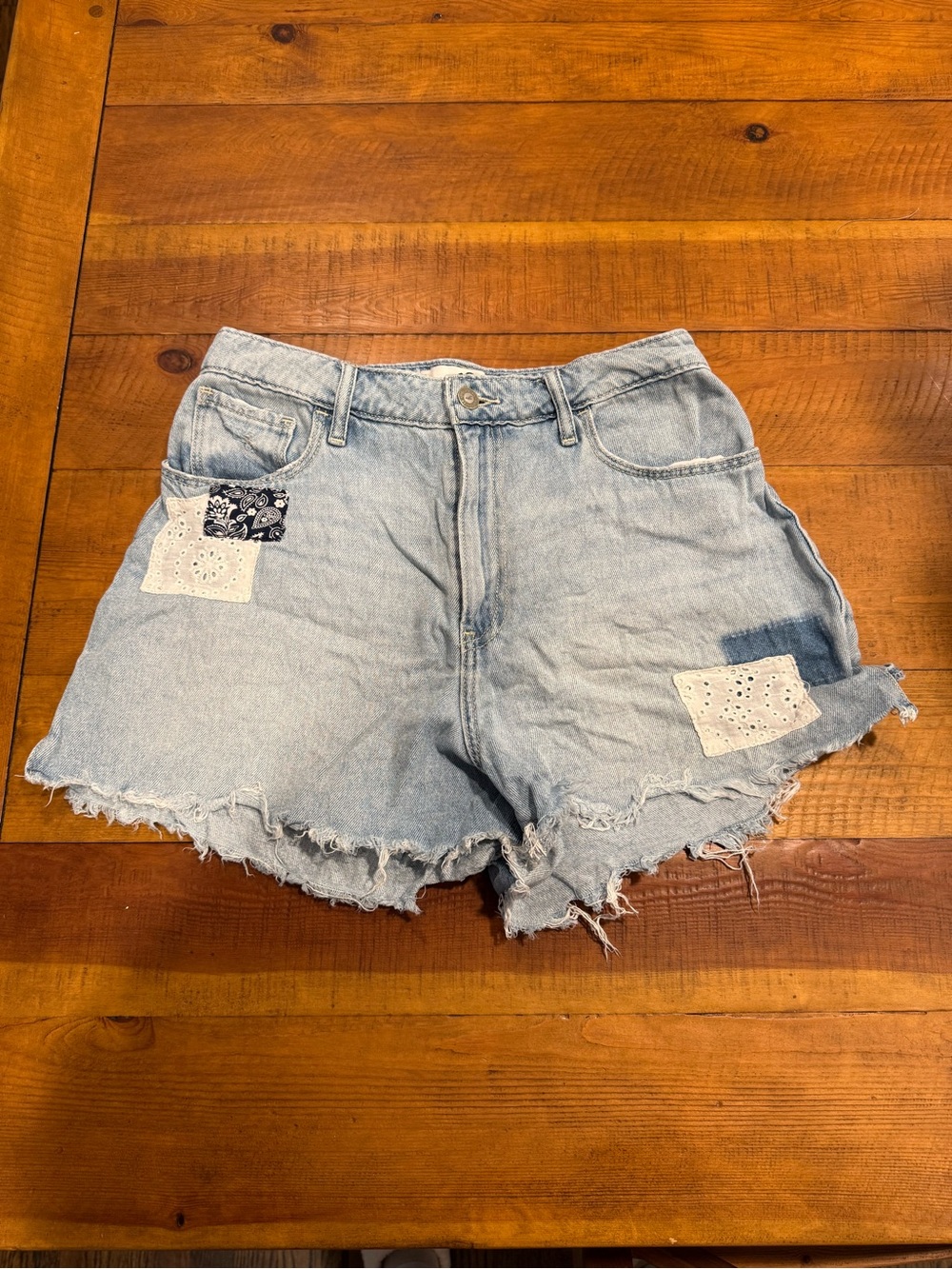 Hollister Light Blue Denim Patchwork Fringe Shorts